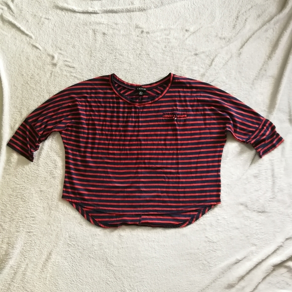 UK2LA Striped 3/4 Sleeve High Low Crop Top - Picture 1 of 3